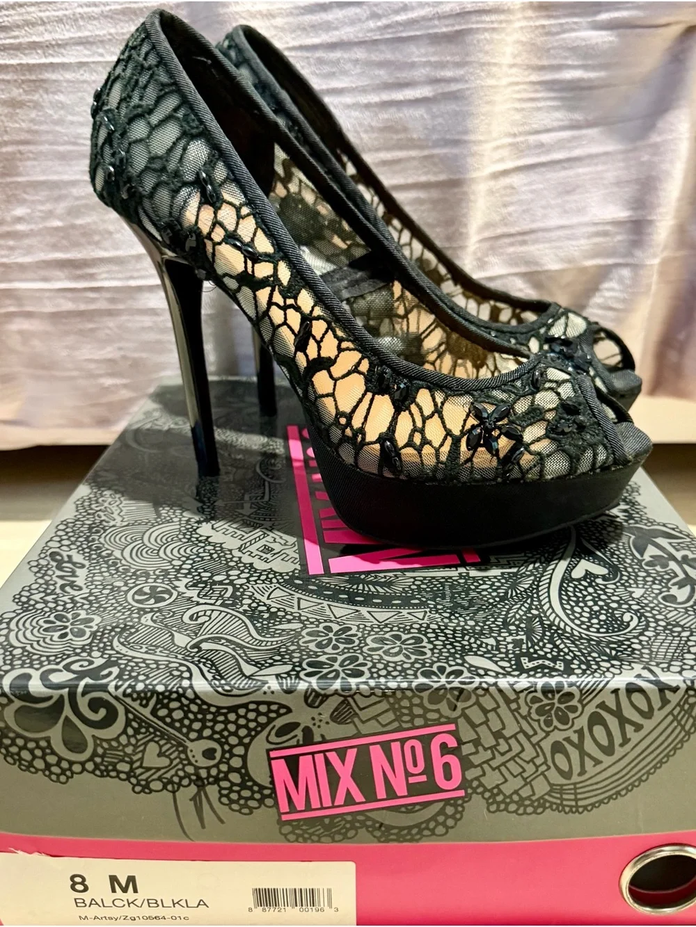 Mix No. 6 Black Lace Peep Toe Heels with Beaded Detail